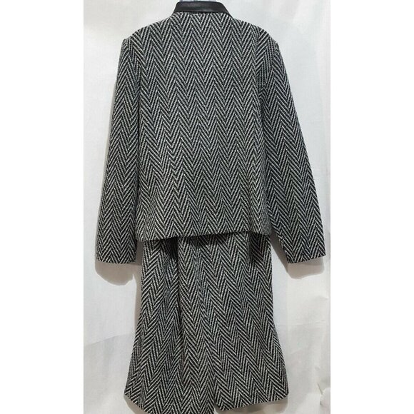 Vintage 90s Skirt Suit Leslie Fay 12 Black Chevron Long Sleeve Faux Leather Trim - Picture 6 of 10